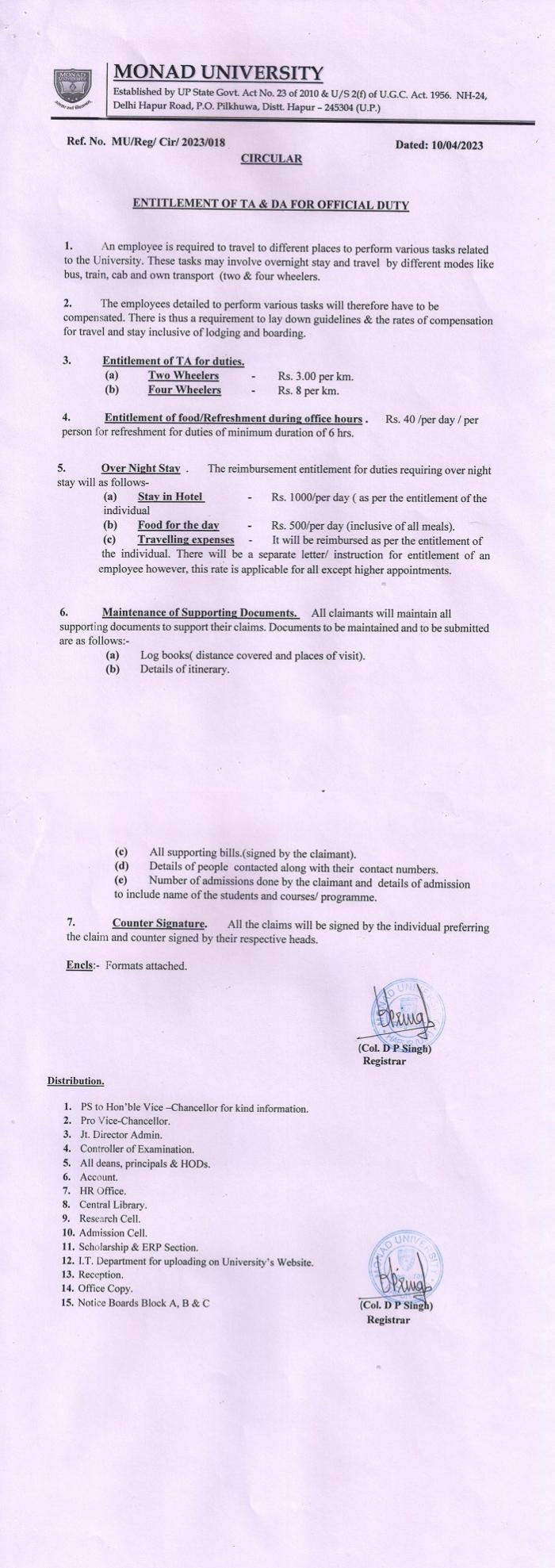 Entitlement of TA & DA for Offical Duty Circular-2023